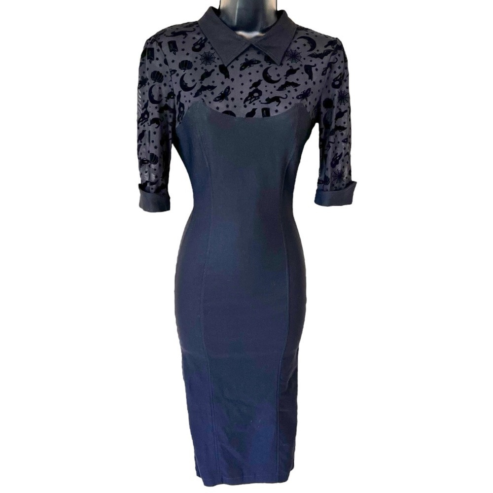 Collectif 50s Wednesday Magic Mesh Pencil Dress in Black